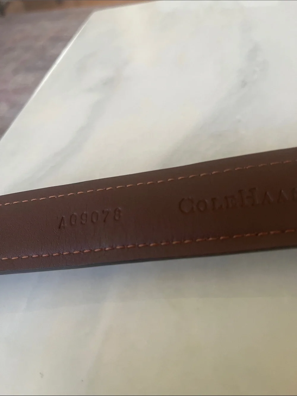 Men’s Cole Haan Leather Belt brass size 36” brown Buckle 1.5”